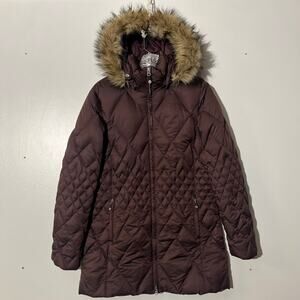 Eddie Bauer Quilted Goose Down Purple Long Coat Jacket Faux Fur Hood Women’s M